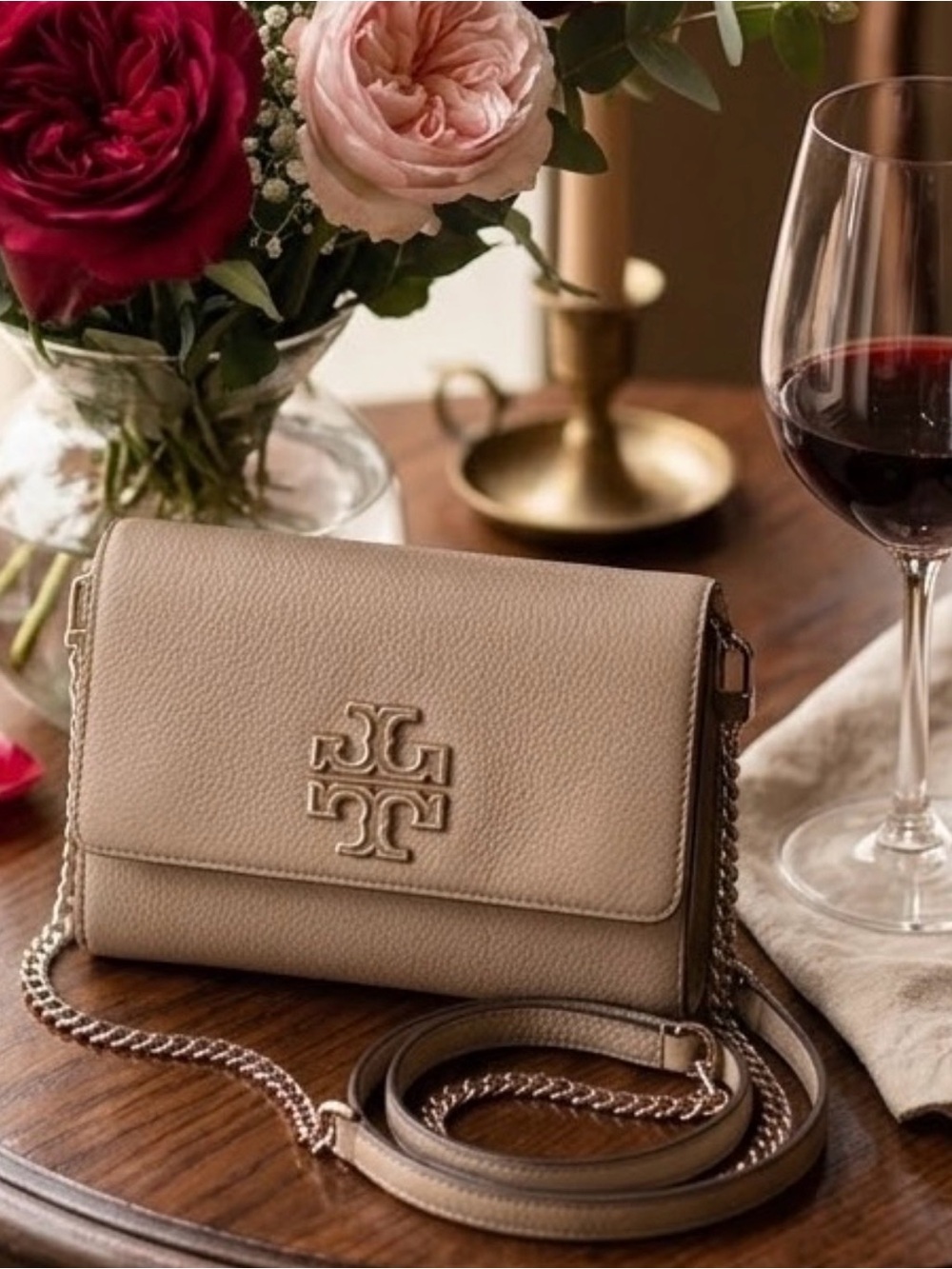 Tory Burch Britten Pebbled Leather Chain Wallet Crossbody Gray Silver Hardware
